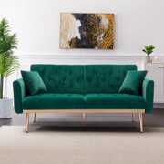 Rent to own Muumblus 64" Futon Sofa Bed with 3 Adjustable Positions， Upholstered Loveseat Sleeper for Living Room, Green Velvet