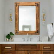 Rent to own YOSHOOT Rustic Wooden Framed Wall Mirror,Decorative Wood Wall Mirror for Living Room or Bathroom Vanity,Farmhouse Bathroom Mirror Rectangle Hanging Mirror Home Wall Decor Brown 26x18