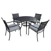 Rent to own Garden Elements Outdoor Patio Metal Dining Furniture Set w/ Iron Armrest Grey Cushioned Chairs and Steel Round Table For Patios, Decks, Black, 5 Piece