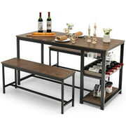 Rent to own Costway 3 PCS Dining Table Set for 4 Kitchen Dining Room Table & 2 Benches W/Wine Rack