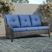 Rent to own PARKWELL 3-Seat Patio Wicker Sofa Outdoor Rattan Couch Steel Frame Furniture with Cushions,Brown Wicker, Blue Cushions