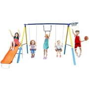 Rent to own Swing Sets for Backyard with Slide, Basketball Hoop, Two Swing Seats and Gymnastics Rings, Playground Set for Kids Outdoor