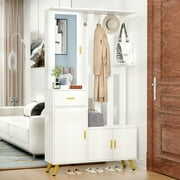 Rent to own Wardrobe Cabinet with Lighted Mirror, 5 in 1 Entryway Coat Rack with Shoe Rack, Bench, Item Storage, and 3 Modes lighting Vanity Mirror, Closet Garments Shelf for Hallway, Bedroom by SYWAN