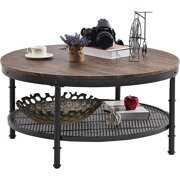 Rent to own Coffee Table Round Small Industrial 2-Tier Coffee Table With Storage For Living Room, Walnut