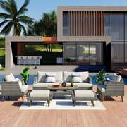 Rent to own Syngar 6 Piece Patio Furniture Set, Outdoor Sectional Sofa Set with Ottomans, Coffee Table and Beige Cushions, All Weather Gray PE Wicker Conversation Chairs Set for Yard Balcony Poolside Deck