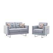 Rent to own Victoria Light Gray Linen Fabric Loveseat Chair Living Room Set with Metal Legs, Side Pockets, and Pillows