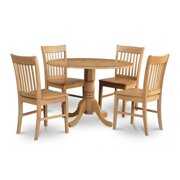 Rent to own East West Furniture DLNO5-OAK-W 5PC Kitchen Round Table with 2 Drop Leaves and 4 Slatted-back Chairs with Wood Seat