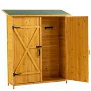 Rent to own Outdoor Storage Shed with Lockable Door, Wooden Tool Storage Shed with Detachable Shelves & Pitch Roof, Garden Storage Cabinet for Backyard Patio Deck Porch, 56"L x 19.5"W x 64"H, Natural