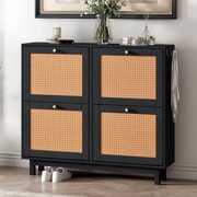 Rent to own Rattan Shoe Cabinet for Entryway, Narrow Shoe Storage Rack with 4 Flip Drawers, for Bedroom, Living Room, Hallway, Black