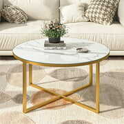 Rent to own Resenkos Modern Marble Glass Round Coffee Table, Metal Frame Cocktail Table for Living Room Furniture