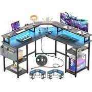 Rent to own Homieasy L Shaped Desk with Power Outlet and Monitor Stand, 55" Reversible L-Shaped Gaming Desk with LED Light, Corner Computer Desk with Storage Shelf, Ergonomic Home Office Desk, Grey Oak