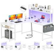 Rent to own Homieasy L-Shaped Desk with Power Outlet & LED Strip, Reversible Office Desk with Hutch and Storage Shelf, Ergonomic 2 Person Corner Computer Desk Study Table Writing Desk with Monitor Stand, White