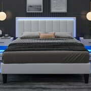 Rent to own 4 EVER WINNER Full Size Led Bed Frame, Upholstered Platform Bed Frame with PU Faux Leather Headboard, White