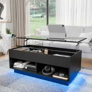 Rent to own Hommpa Lift Top Coffee Table with Hidden Compartment High Gloss LED Coffee Tables Center Rising Cocktail Table for Living Room Accent Furniture Black Finish