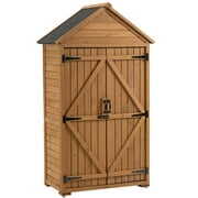 Rent to own Outdoor Wood Tool Shed with Shelves and Latch Garden Storage Cabinet Outside Wooden Closet, Brown