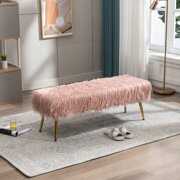 Rent to own Upholstered Long Bench, Pink Faux Fur Fluffy Bench, End of Bed Plush Bench with Gold Metal Legs, Modern Padded Ottoman Bench for Entryway, Bedroom, Living Room, L0459