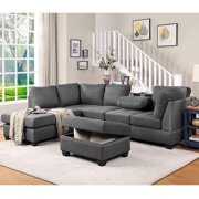 Rent to own 3 Piece Sectional Sofa Set Linen Fabric with Reversible Chaise Lounge Storage Ottoman Dark Grey