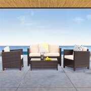 Rent to own Outdoor Patio Furniture Set, 4 Piece Patio Seating All-Weather Wicker Conversation Set with Cushion, Brown