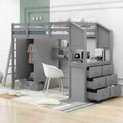 Rent to own Euroco Twin Size Wood Loft Bed with Two Desks, Seven Drawers and a Wardrobe for Kids Room, Gray