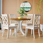 Rent to own WEPSEN Round Dining Table Set for 4, Farmhouse 5 Piece Dining Room Set with Round Table and 4 Upholstered Chairs, Round Dining Room Set with White Wooden Frame, Walnut Table Top and Beige Cushion