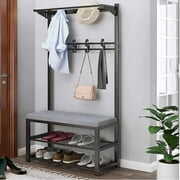 Rent to own COMEONROA 3-in-1 Coat Rack Hall Tree with Shoe Storage Bench Entryway Bench with 10 Hooks, 3-Tier Entryway Coat Rack, Black