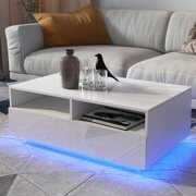 Rent to own Rectangle Coffee Table with Storage, High Gloss End Table with LED Light Living Room Furniture