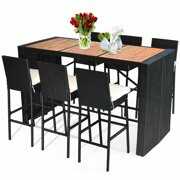 Rent to own Costway 7 Pieces Patio Rattan Wicker Bar Dining Furniture Set wood Table Top 6 Stools