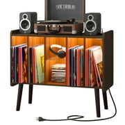 Rent to own Koifuxii Record Player Stand with Vinyl Storage, Vinyl Record Storage Cabinet with Power Outlet and LED Lights, Turntable Stand with Solid Legs for Living Room, Bedroom Walnut