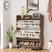 Rent to own Tribesigns Shoe Storage Cabinet with 2 Flip Doors Drawers, Entryway Shoe Rack with Open Shelves,Brown
