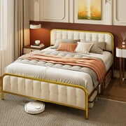 Rent to own Aiho Queen Bed Frame with Headboard, Upholstered Platform Bed Frame, Beige