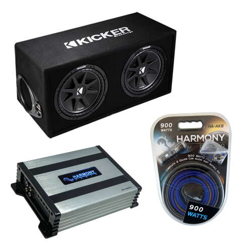 Rent to own Harmony Audio Kicker DC122 Loaded Dual 12 Ported Comp 600W Sub Box 43DC122 Bundle with Harmony HA-A400.1 Amplifier & Amp Kit