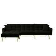Rent to own 108" Sectional Sofa Couches with Movable Ottoman, Upholstered L-Shaped Futon Sofa Bed with Reversible Chaise, Velvet Futon Sleeper Sofa with 2 Pillows & Golden Metal Legs & Adjustabale Backrest