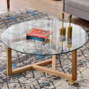 Rent to own Hassch 35" Round Coffee Table Modern Cocktail Table with Tempered Glass Top & Sturdy Natural Wood Base