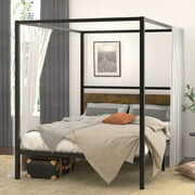 Rent to own Sha Cerlin Queen Size Metal Four-Poster Canopy Bed Frame with Wooden Headboard, Industrial Style