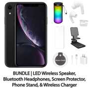 Rent to own Refurbished Apple iPhone XR 64GB Black Fully Unlocked with LED Wireless Speaker, Bluetooth Headphones, Screen Protector, Wireless Charger, & Phone Stand