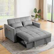 Rent to own Velvet Sleeper Sofa Bed, Convertible Loveseat Futon Sofa with Pullout Bed, Lounge Chaise Armchair with Adjustable Backrest, Pillows and Side Pockets, Sleeper Sofa Couch Bed, Gray
