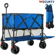 Rent to own Folding Double Decker Garden Wagon, VECUKTY Heavy Duty Collapsible Wagon Cart with 54" Lower Decker, All-Terrain Big Wheels for Camping, Sports, Shopping, Garden and Beach, Support Up to 500lbs, Blue