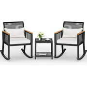 Rent to own YTAHOME 3 Piece Black Rattan Wicker Rocking Chair, Outdoor Patio Conversation Set with 2 Cushioned Chairs and 1 empered Glass Top Coffee Table, Light Gray