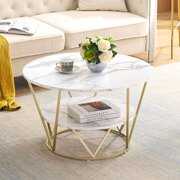 Rent to own White Gold Coffee Table Round Faux White Marble Coffe Table For Living Room Coffee Tables With Storage Mid Century Modern Center Table Marble Top Tea Table