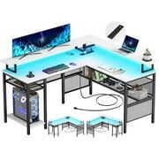 Rent to own Homieasy L Shaped Desk with Power Outlet and Monitor Stand, 55" Reversible L-Shaped Gaming Desk with LED Light, Corner Computer Desk with Storage Shelf, Ergonomic Home Office Desk, White