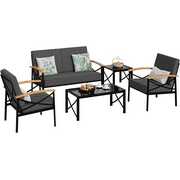 Rent to own Walsunny 5 Piece Furniture Patio Conversation Sectional Set Outdoor Metal Solid Wood Armrest & Thick Cushion