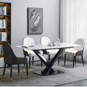 Rent to own Leavader 63" White Stone Dining Table Set with Black Carbon Steel Base with 6 Dining Chairs