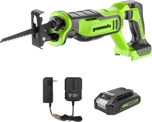 Rent to own Greenworks 24V Brushless 1" Reciprocating Saw Kit, Cordless Powered Variable Speed Saw, 2 Ah Battery and Charger