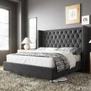 Rent to own PaPaJet Queen Bed Frame Upholstered Bed Wingback Headboard Velvet Tufted Diamond Button/No Box Spring Needed/Easy Assembly/Gray