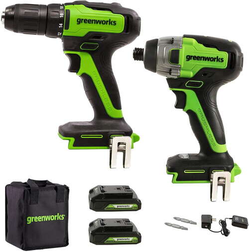 Rent to own Greenworks 24V Brushless  Drill/Driver + Impact/Driver Combo Kit, (2) USB (Power Bank) Batteries, Charger, (2) Driving Bits, & Tool Bag, 1307502AZ