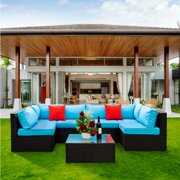 Rent to own 5 Piece Rattan Sectional Sofa Set, Outdoor Conversation Set, All-Weather Wicker Sectional Seating Group with Cushions & Coffee Table, Modern Furniture Couch Set for Patio Deck Garden Pool, B1313