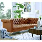 Rent to own Oxford PU Leather Button Tufted with Gold Nailhead Trim Gold Metal Y-leg Sofa, Camel Brown