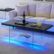 Rent to own OKD Modern Wood Coffee Table with LED Lights and Glass Shelf Storage for Living Room, Solid Black