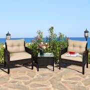 Rent to own Gymax 3 Pieces Patio Outdoor Rattan Furniture Set Brown with Cushioned Chairs Coffee Table