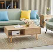 Rent to own KUUFER 41" Rectangle Rattan Coffee Table, Solid Wood Coffee Table with Sliding Door, Natural Color